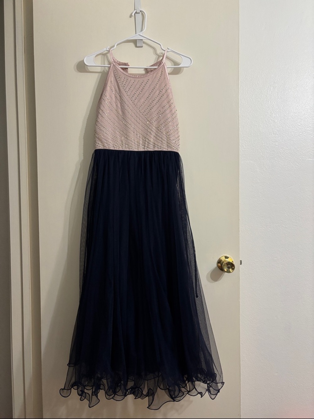 Speechless Pink Embellished Halter with Navy Tulle Skirt Dress